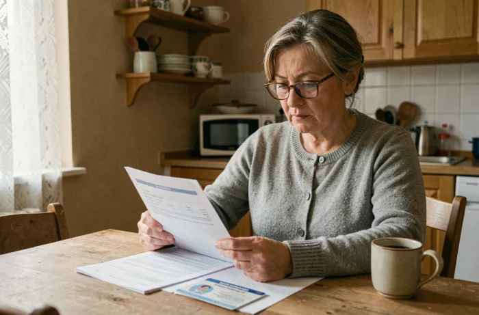 Femme handicapée examinant sa carte d'invalidité et ses documents de taxe foncière à la maison