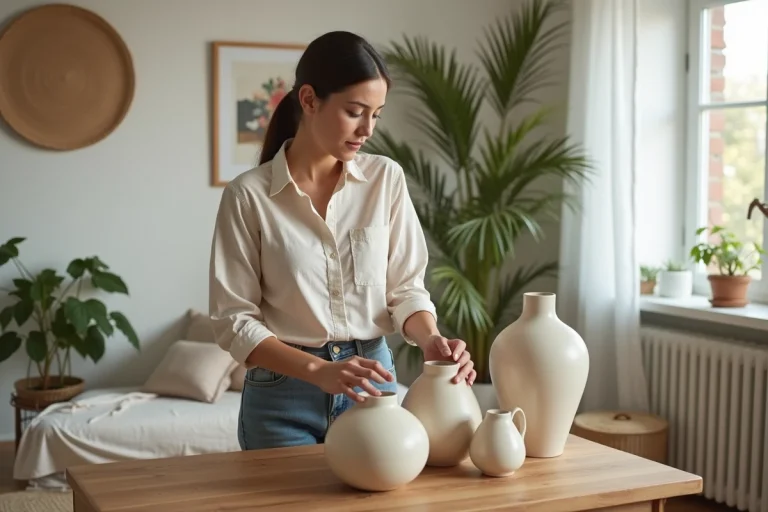 Femme arrangeant des vases en céramique dans un salon lumineux