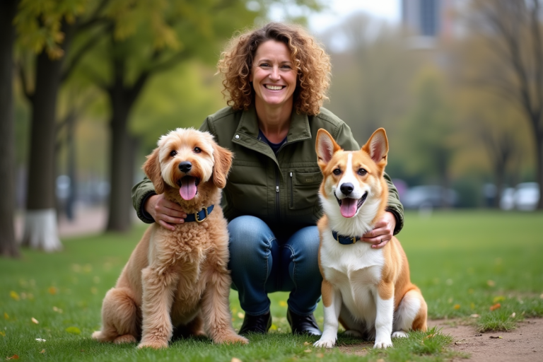 Femme souriante avec deux chiens dans un parc urbain
