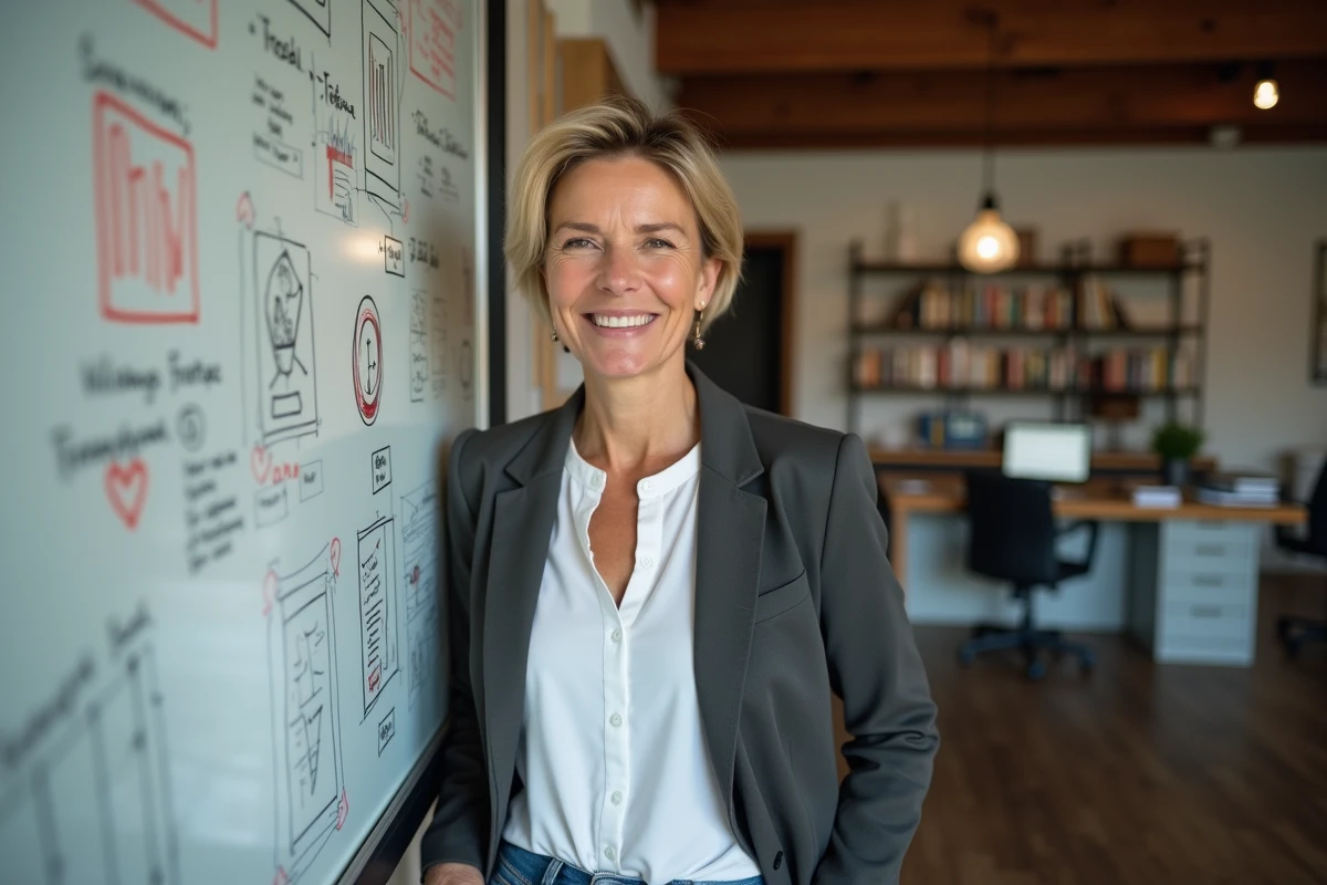 Femme entrepreneure souriante près du tableau blanc