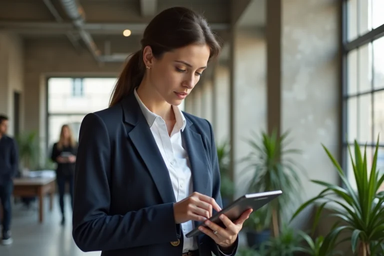 Femme entrepreneure française en blazer marine travaillant dans un espace de coworking parisien moderne