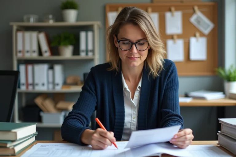 Femme en cardigan navy examine des documents financiers