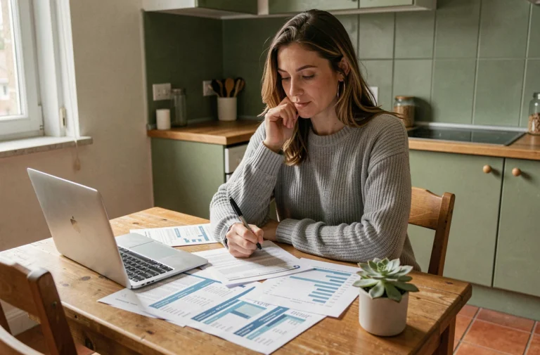 Femme consultant ses documents de budget personnel à la table de cuisine, ordinateur portable et feuilles financières étalées devant elle