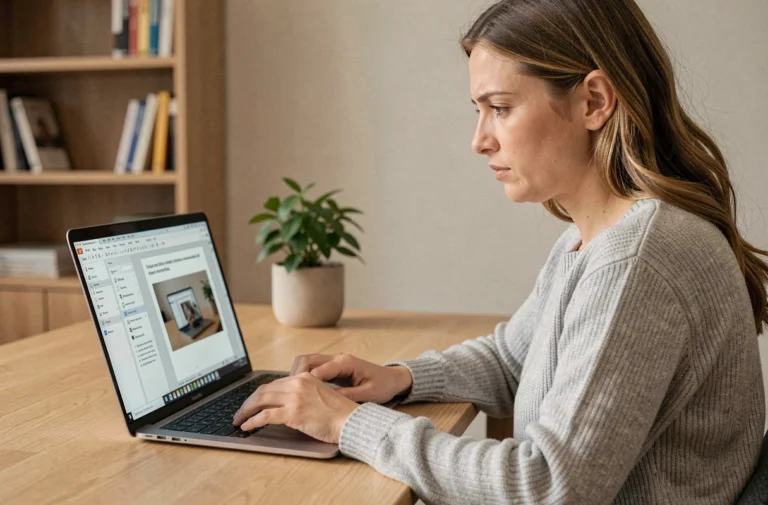 Femme travaillant sur Word pour imprimer un document en miroir sur son ordinateur portable dans un bureau à domicile