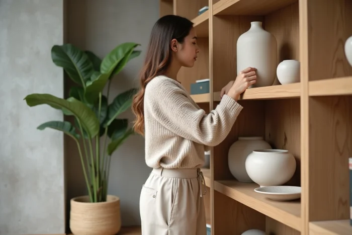 Jeune femme arrangeant des vases en céramique dans un salon moderne