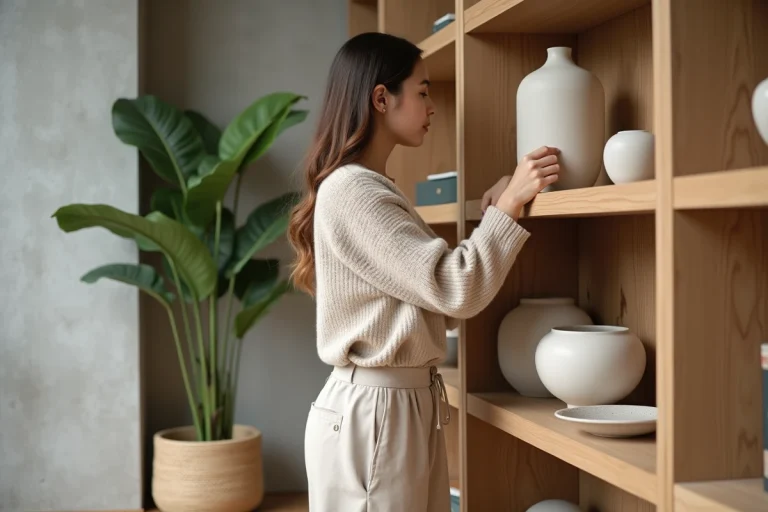 Jeune femme arrangeant des vases en céramique dans un salon moderne