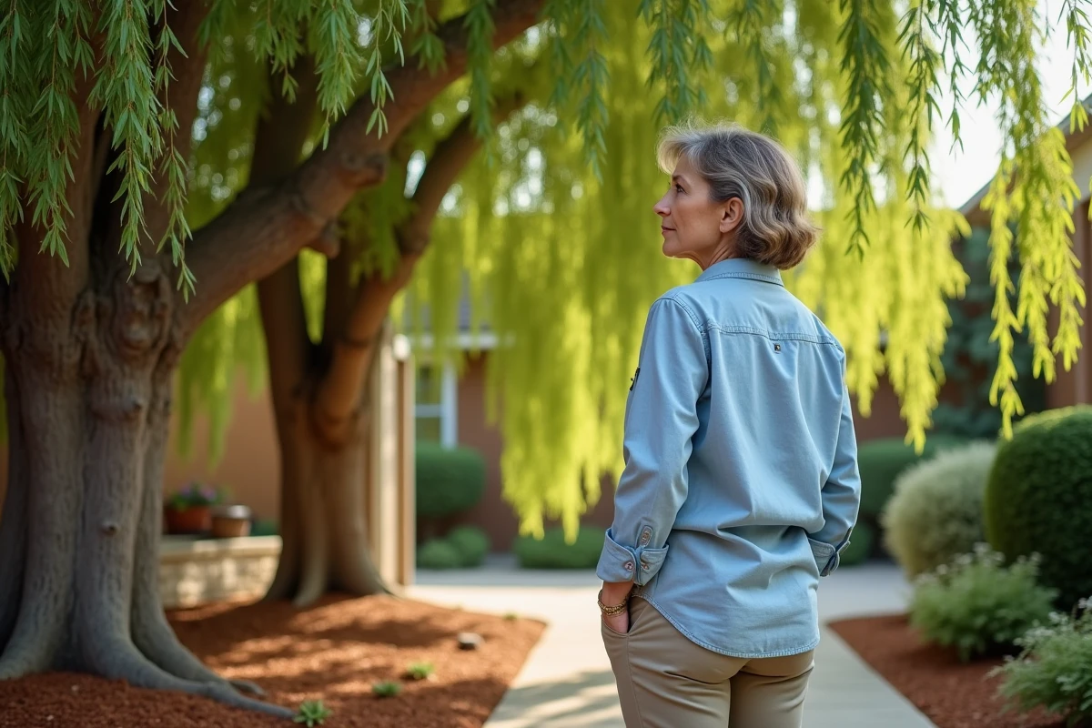 Femme contemplant un saule tacheté près de la maison