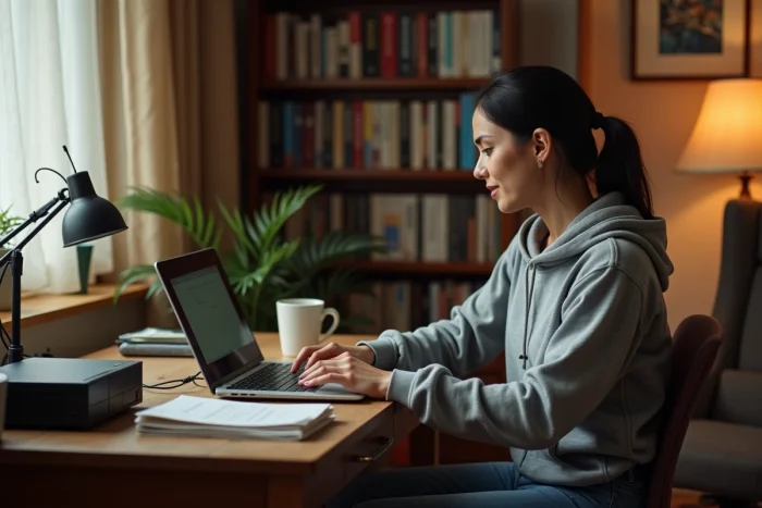 Femme travaillant à domicile avec un ordinateur portable et un routeur Wi-Fi legacy 802.11b sur un bureau en bois