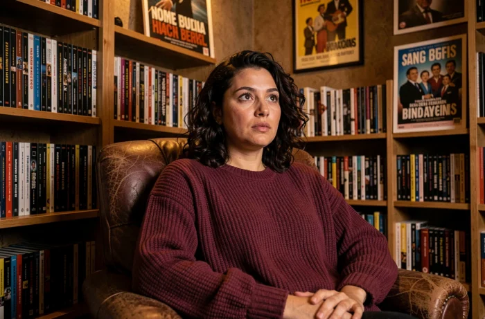 Femme passionnée de cinéma regardant un film dans un salon cosy entouré de DVDs et affiches vintage
