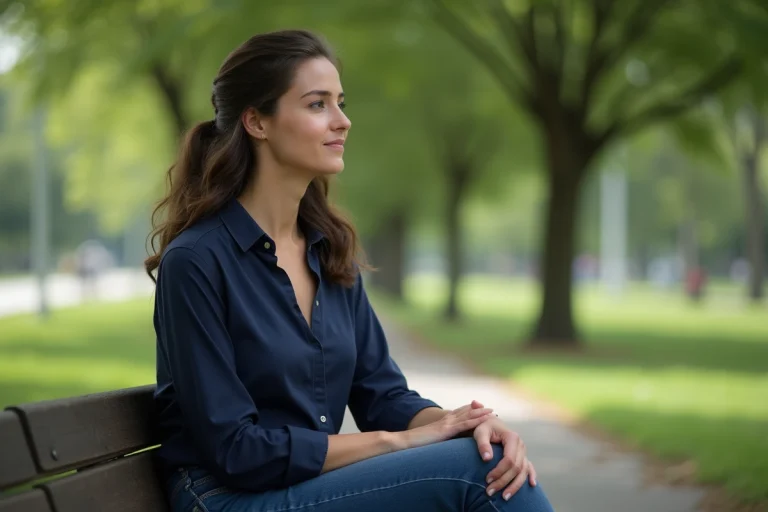 Femme pensive assise sur un banc dans un parc vert
