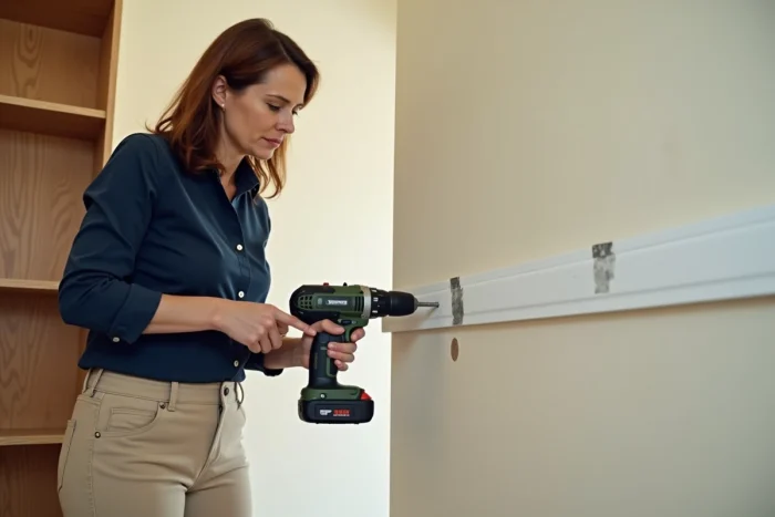 Femme utilisant une perceuse pour fixer une cheville dans le mur au-dessus d'une plinthe afin d'accrocher un meuble