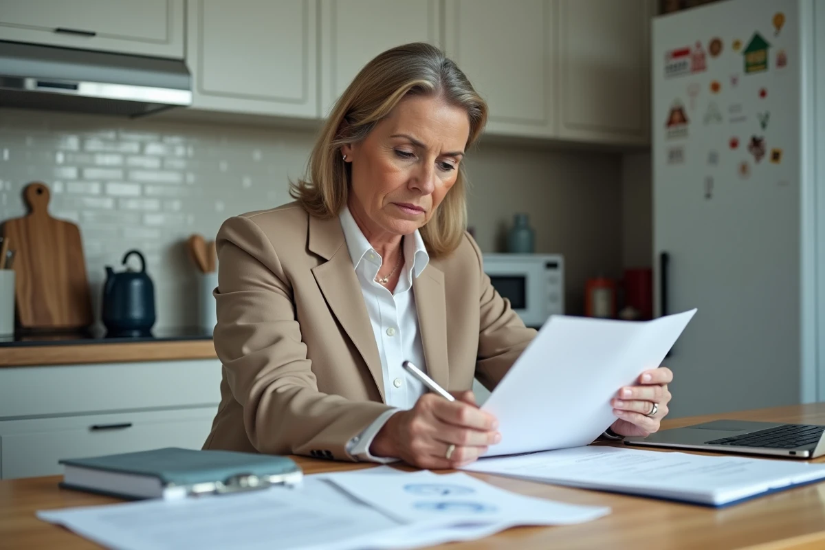 Femme d affaires remplissant des papiers dans une cuisine moderne