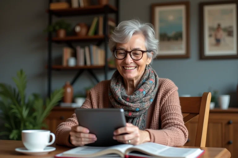 Femme senior souriante lisant une tablette à la maison