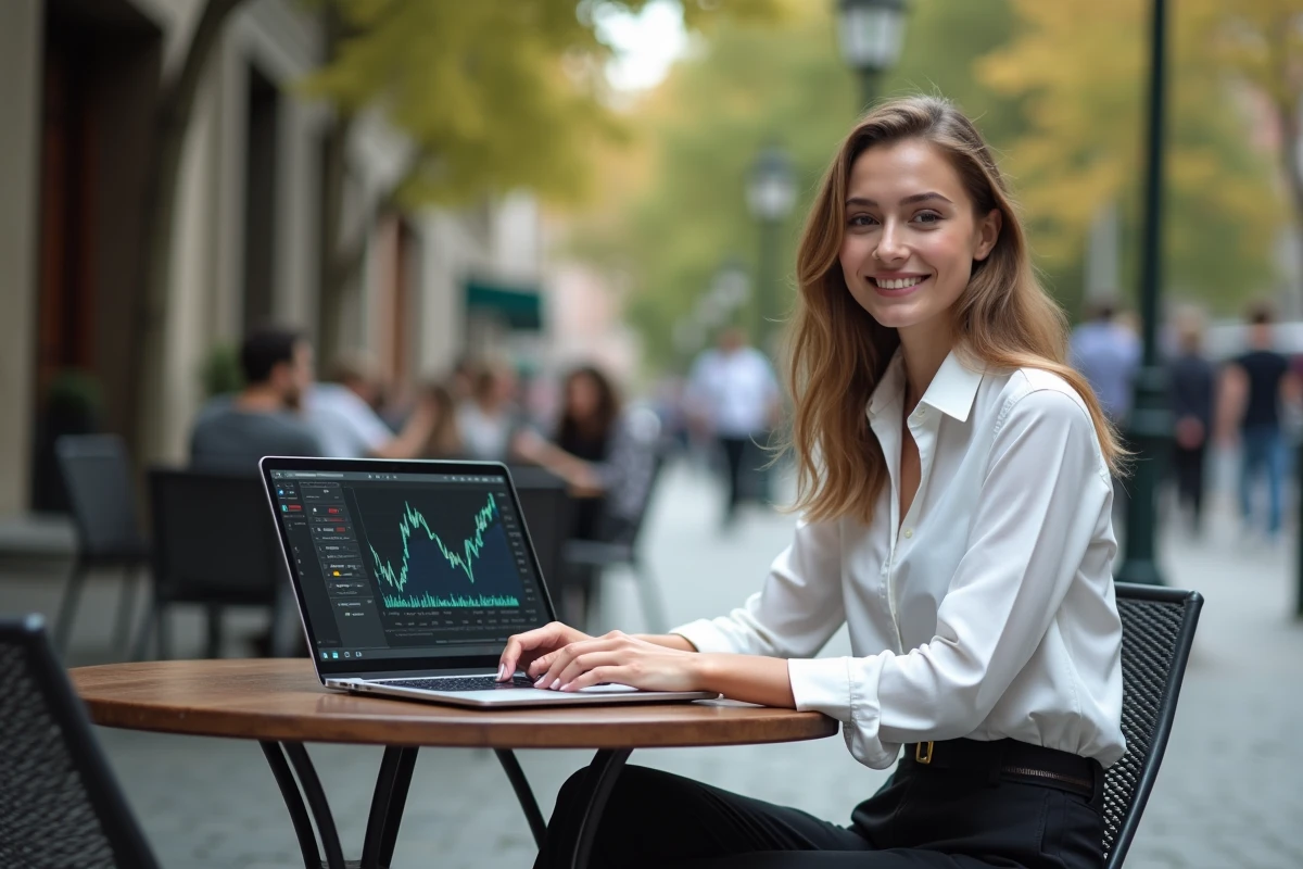 Jeune femme travaillant sur un ordinateur dans un café urbain