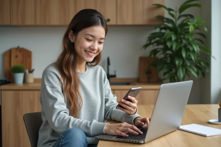 Jeune femme au travail avec smartphone et ordinateur