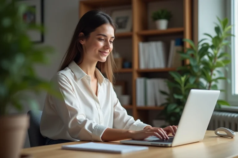 Femme en télétravail à son bureau à domicile