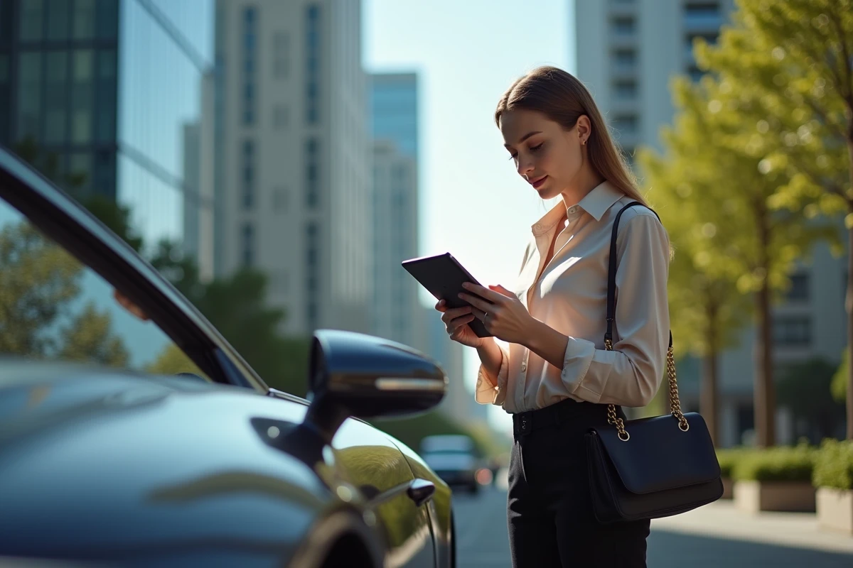 Femme élégante vérifiant ses finances devant une voiture de luxe