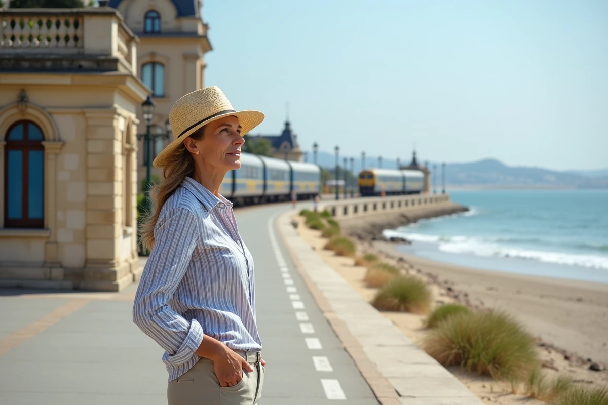 Femme regardant les trains depuis la promenade côtière