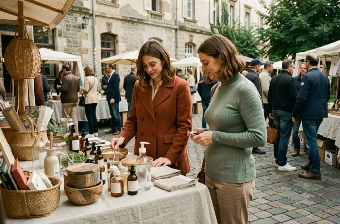Deux femmes découvrant des nouveautés lifestyle artisanales dans un marché urbain européen en plein air