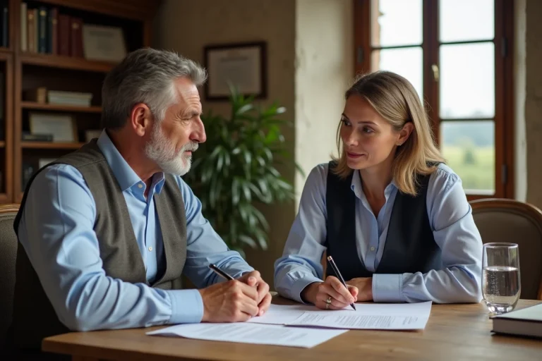 Agriculteur et notaire dans un bureau authentique français