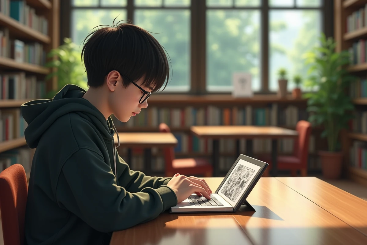 Garçon lisant manga dans une bibliothèque chaleureuse