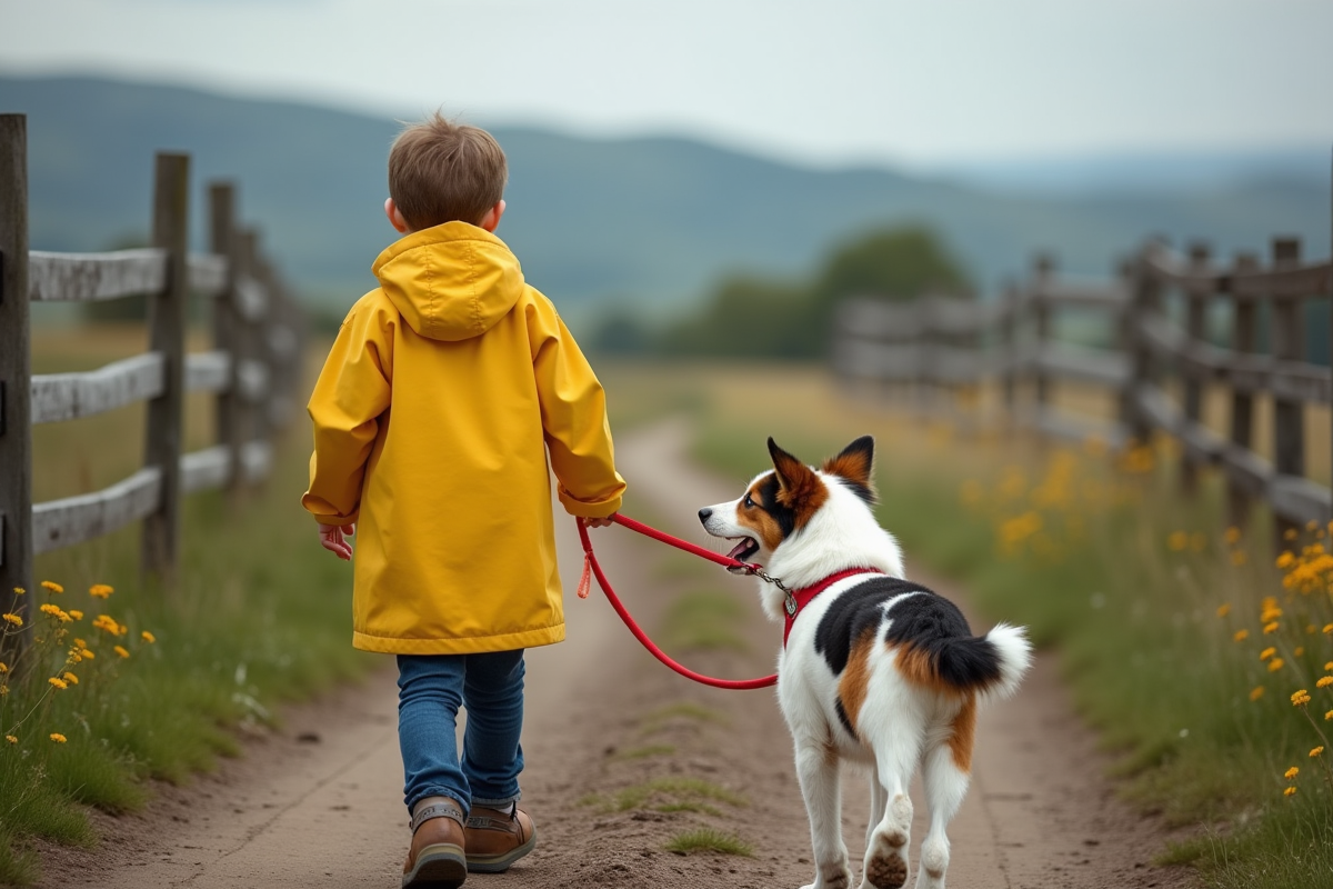 Garçon en imper jaune avec un chien dans la campagne