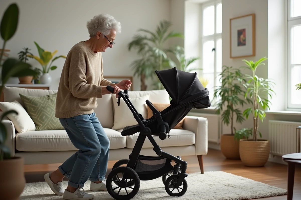 Grand-mere assemble une poussette dans un salon lumineux