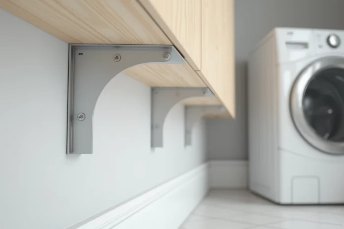 Gros plan sur une équerre métallique fixant un meuble au mur avec une plinthe blanche visible en détail