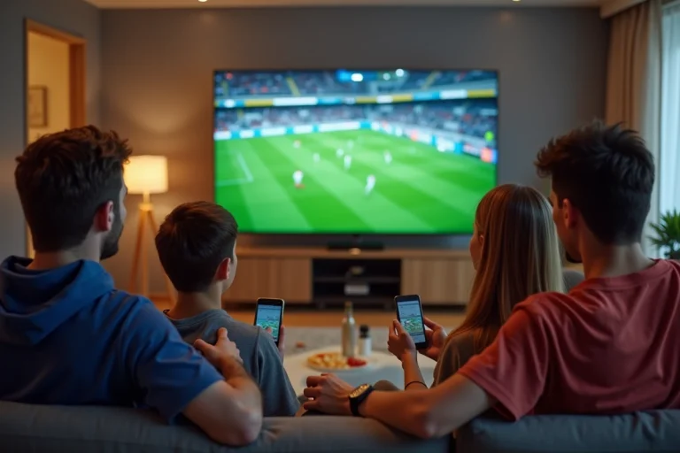Jeunes adultes regardant un match de football à la maison