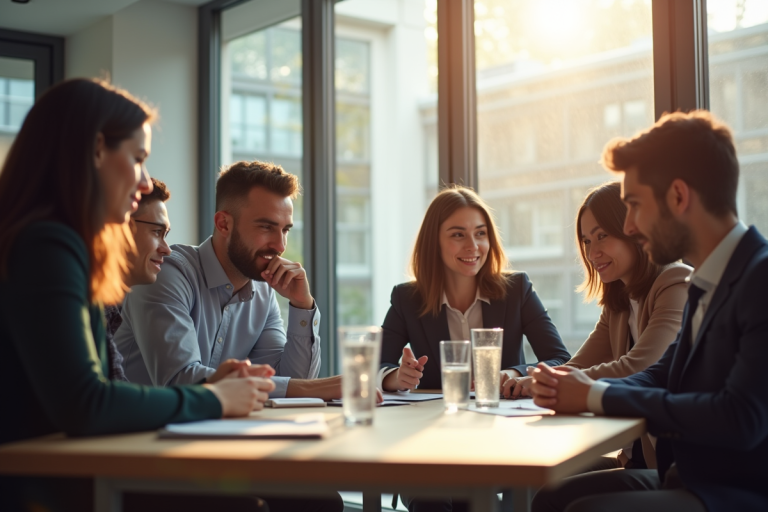 Groupe de jeunes professionnels en réunion dans un bureau moderne