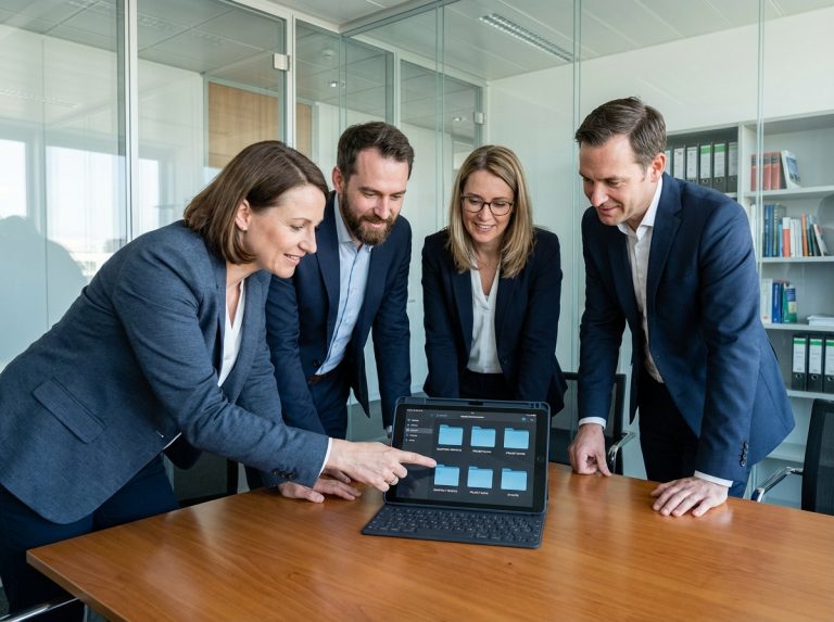 Groupe de quatre professionnels en réunion de bureau
