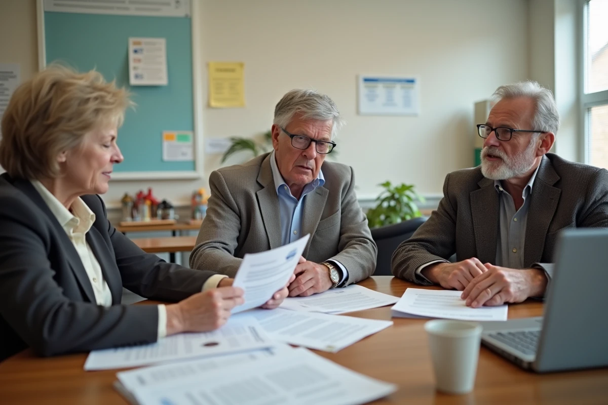 Groupe de trois personnes discute autour d une table