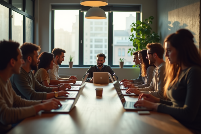 Groupe diversifié autour d'une table de travail lumineux