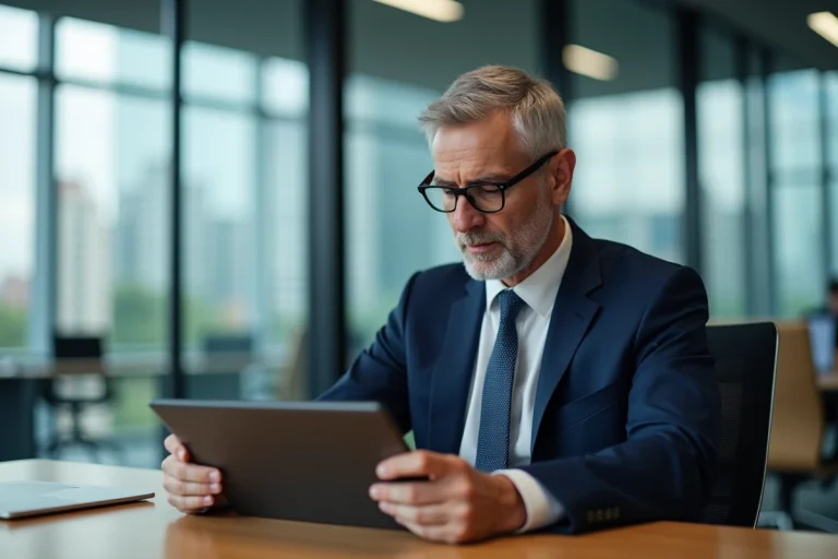 Homme d'affaires lisant des nouvelles financières sur une tablette