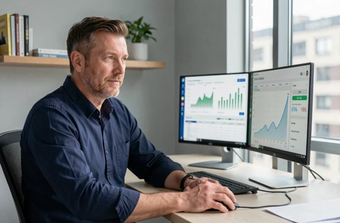 Homme analysant ses finances personnelles sur double écran dans un bureau à domicile moderne, graphiques et tableaux de bord visibles
