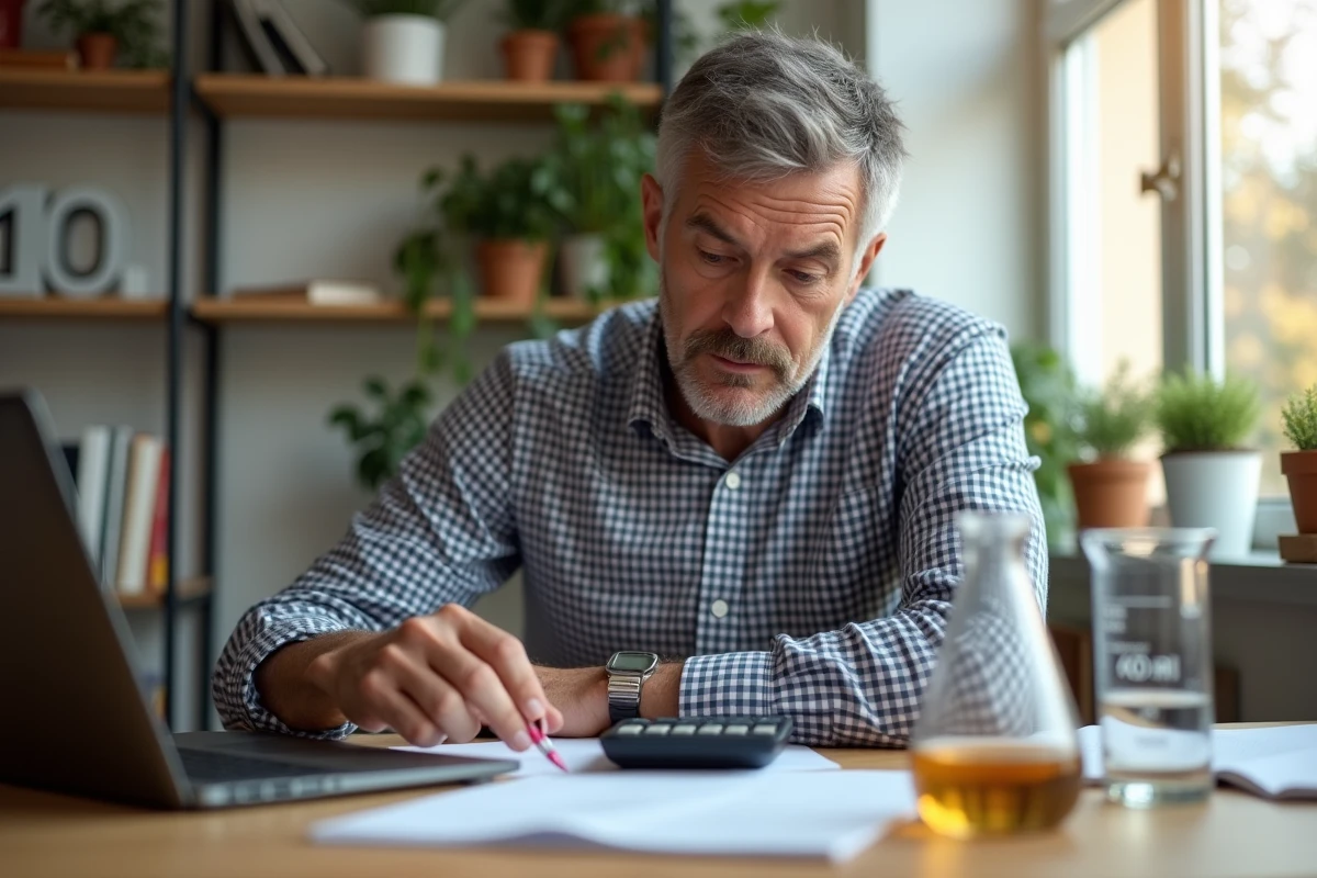 Homme calcule volumes avec verre et calculatrice dans bureau