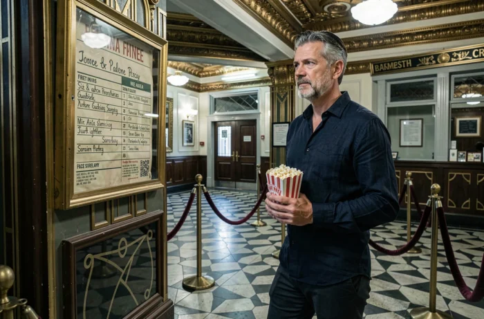 Homme cinéphile dans le hall d'un cinéma Art Déco indépendant regardant la programmation de films