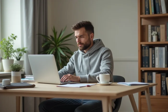 Homme consultant les dates des chèques différés Leclerc 2026 sur ordinateur à son bureau