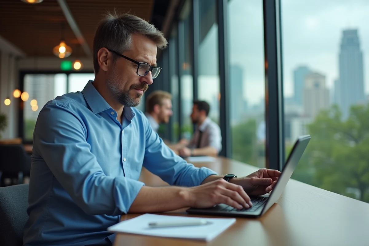 Homme en formation en ligne dans un café moderne