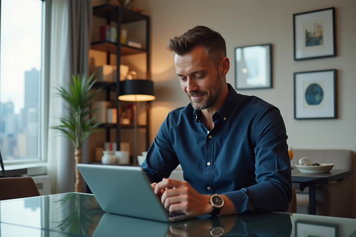 Homme lisant une tablette dans son intérieur urbain