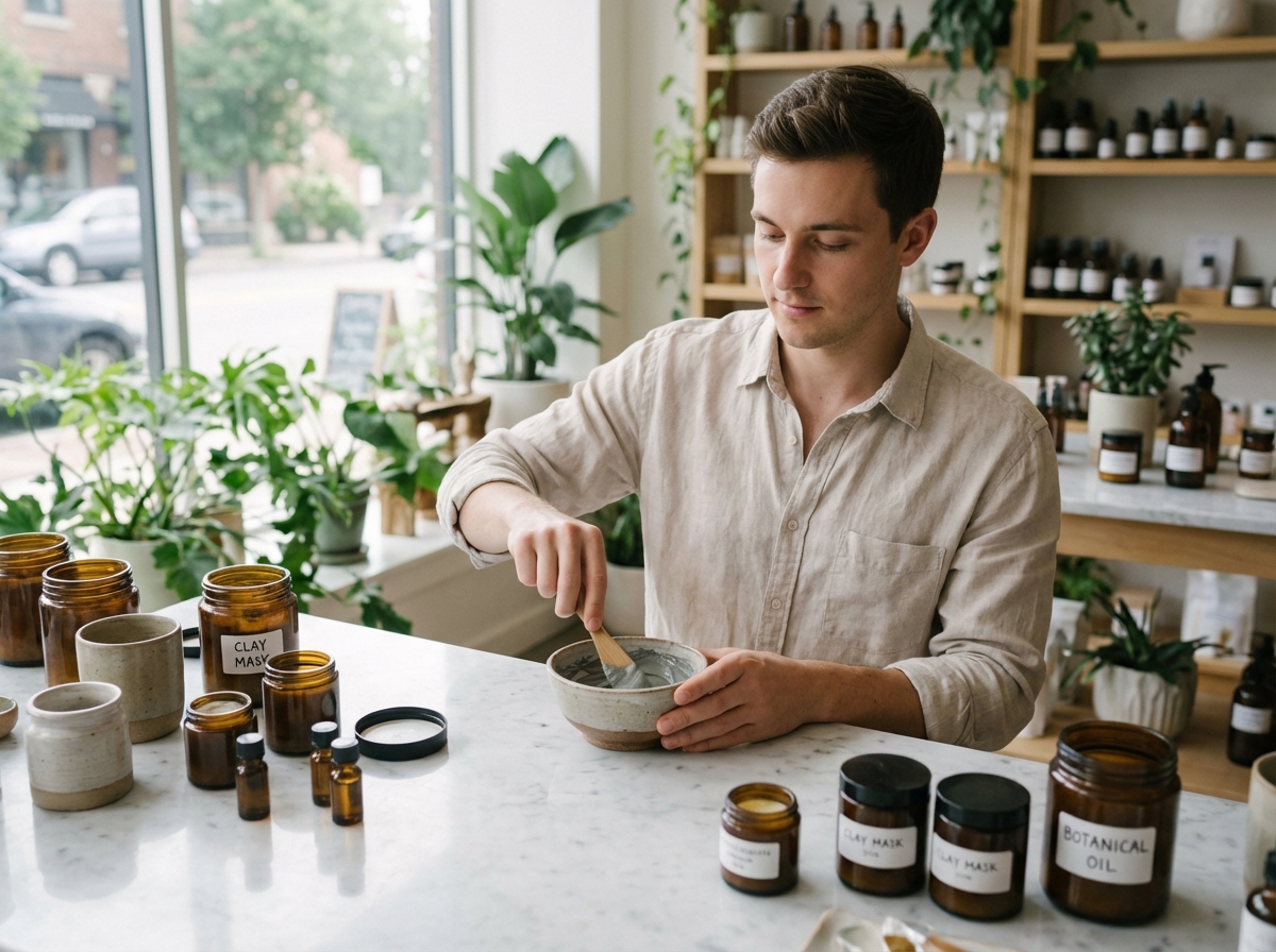 Jeune homme préparant un masque dans une boutique