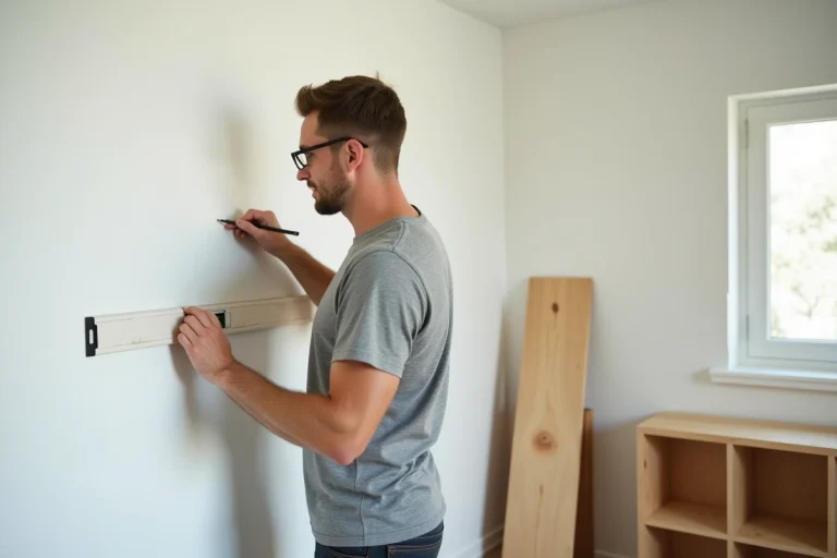 Homme mesurant et marquant un mur au crayon au-dessus d'une plinthe blanche pour fixer un meuble