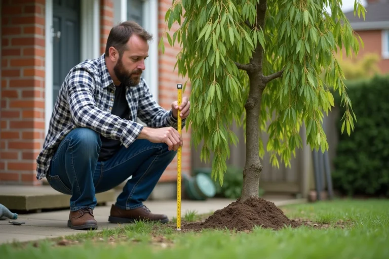 Homme mesurant un jeune saule Hakuronishiki dans un jardin