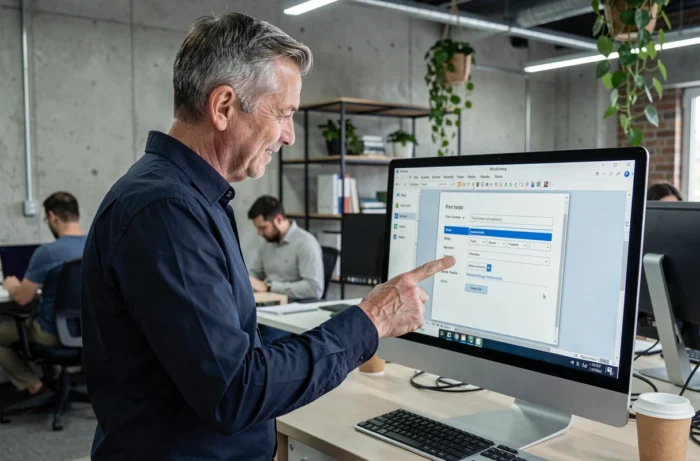 Homme en open space configurant les paramètres d'impression en miroir sur Microsoft Word depuis un grand écran de bureau