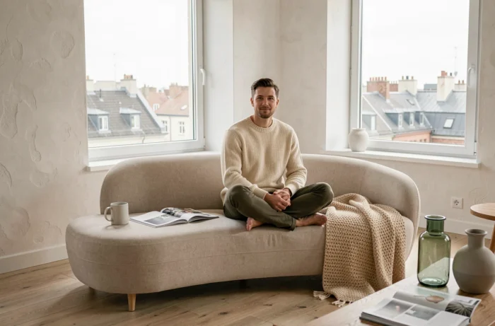 Homme détendu dans un salon scandinave entouré de magazines et d'objets lifestyle tendance