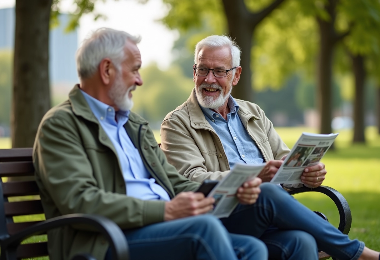 Homme senior montrant un magazine numérique à un ami au parc