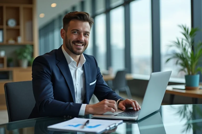 Homme en costume navy dans un bureau moderne et élégant