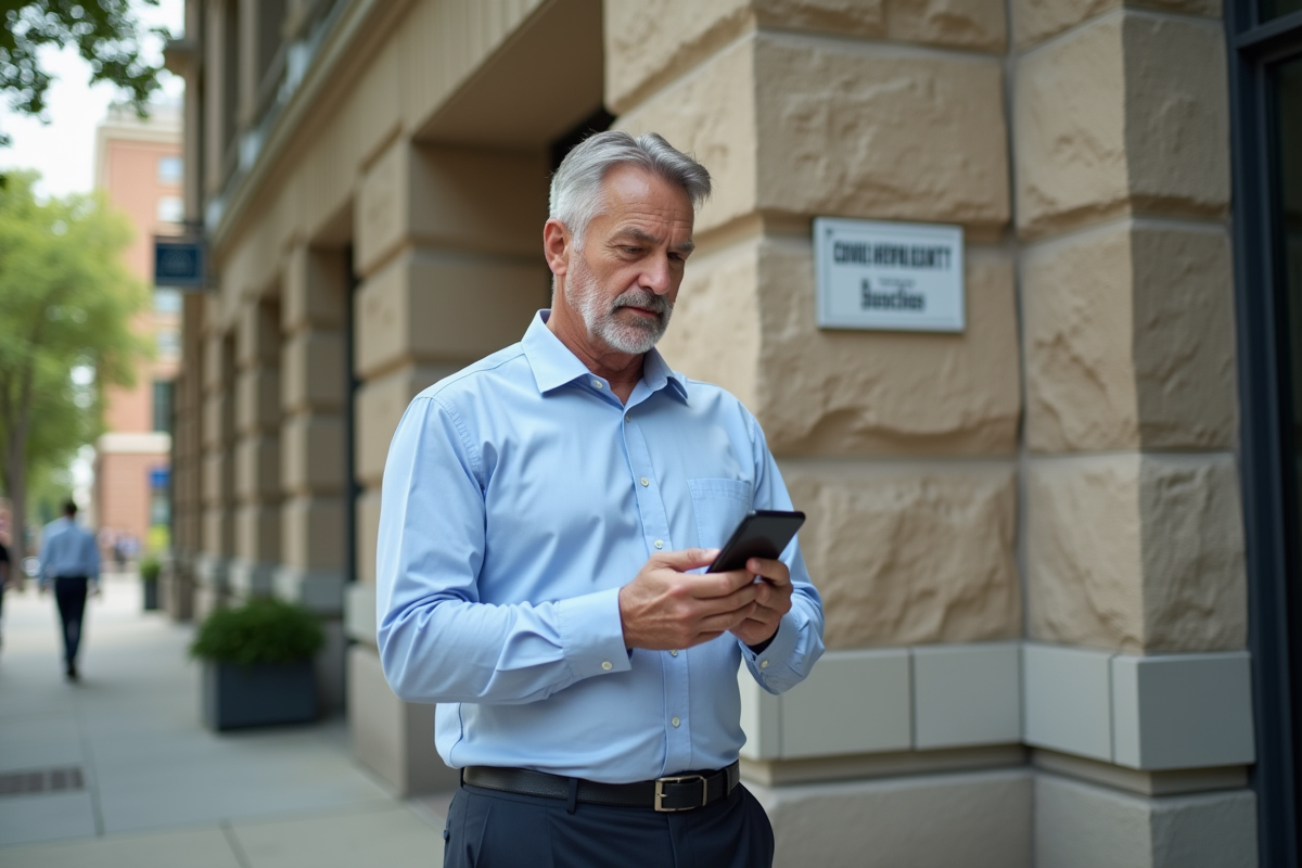 Homme en extérieur faisant un appel vidéo sécurisé