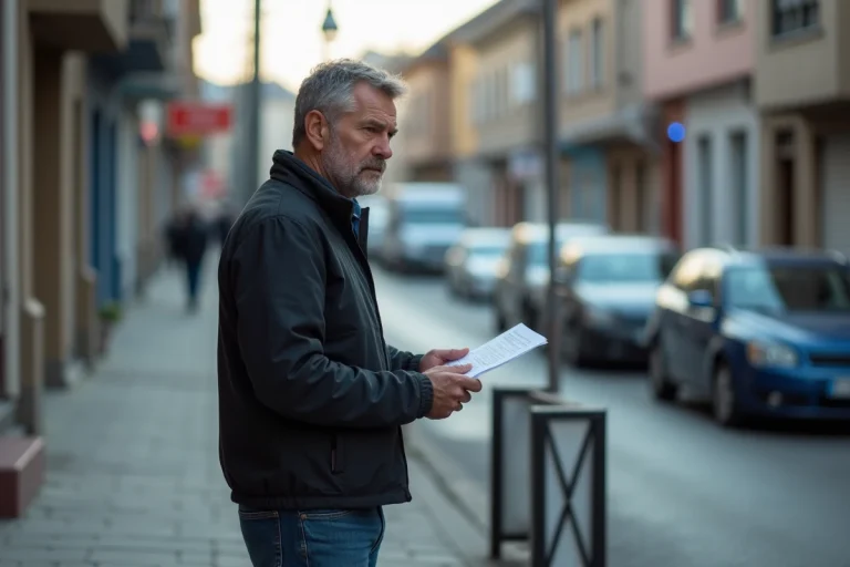 Homme d'âge moyen avec document devant sa voiture en ville