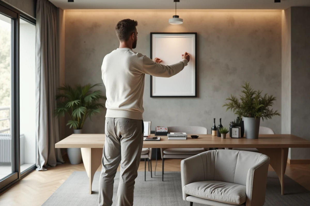 Homme accrochant une œuvre d